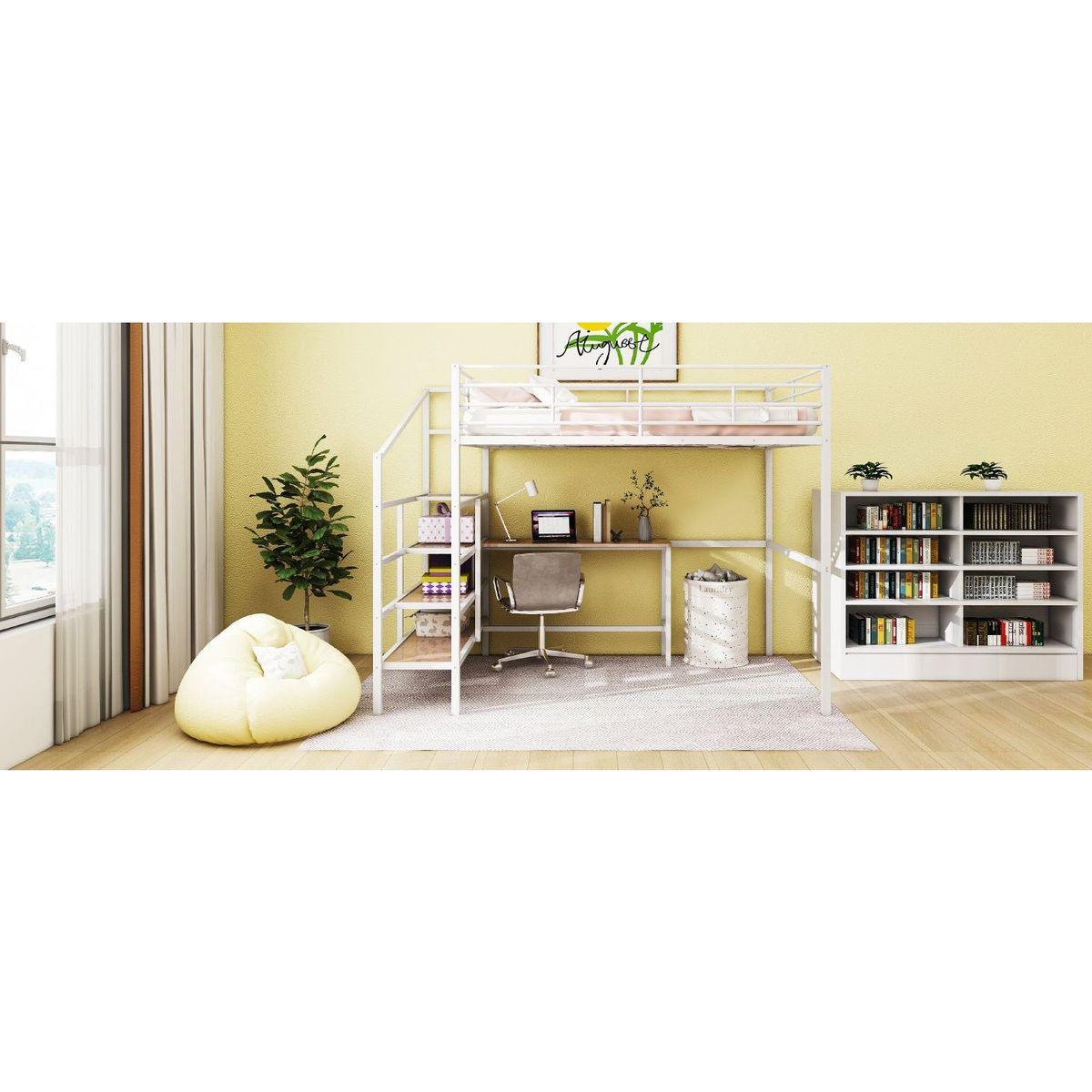 Full Size Metal Loft Bed with Desk and Lateral Storage Ladder, White
