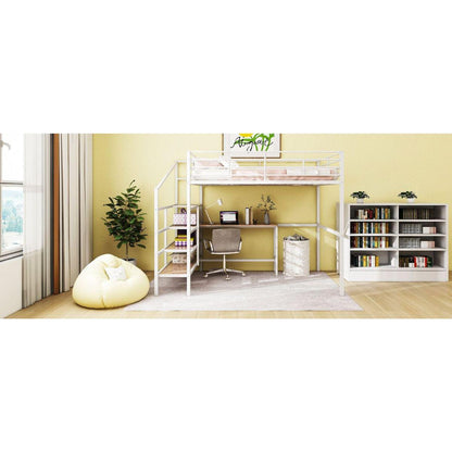 Full Size Metal Loft Bed with Desk and Lateral Storage Ladder, White