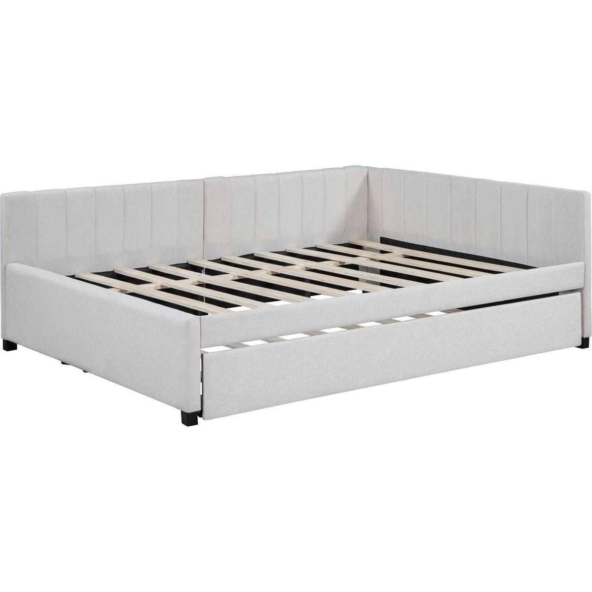 Full Size Upholstered Daybed with Trundle Sofa Bed Frame No Box Spring Needed, Linen Fabric(Beige)