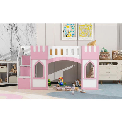 Twin Size Loft Bed with Storage Staircase and Window, Pink