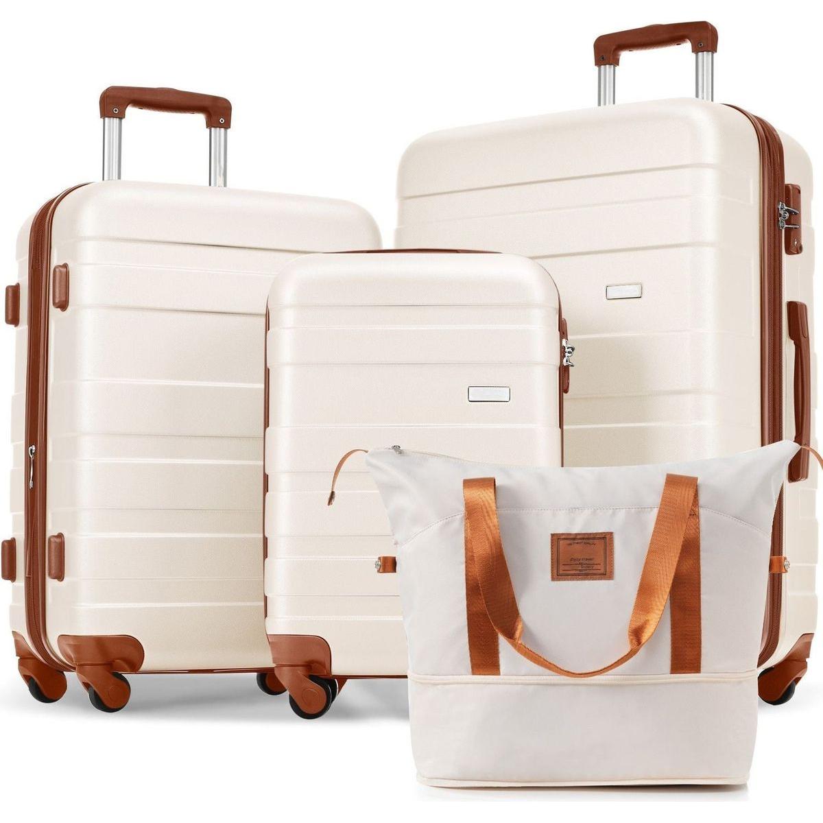 Luggage Sets 4 Piece, Expandable ABS Durable Suitcase with Travel Bag, Carry On Luggage Suitcase Set with 360 Spinner Wheels, ivory and brown