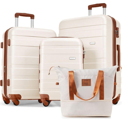 Luggage Sets 4 Piece, Expandable ABS Durable Suitcase with Travel Bag, Carry On Luggage Suitcase Set with 360 Spinner Wheels, ivory and brown