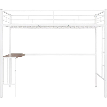 Twin Metal Bunk Bed with Desk, Ladder and Guardrails, Loft Bed for Bedroom, White