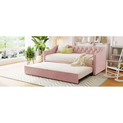 Twin Size Upholstered daybed with Pop Up Trundle, Pink