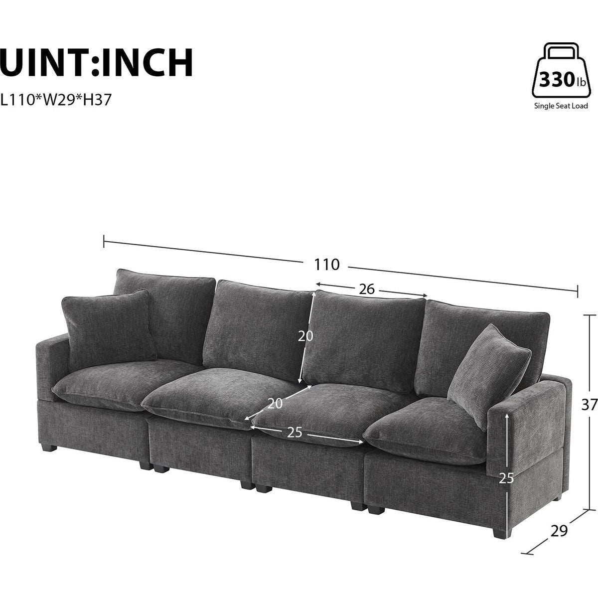 110x29" Modern Modular Sofa, 4 Seat Chenille Sectional Couch Set with 2 Pillows Included, Freely Combinable Indoor Funiture for Living Room, Apartment, Office, 2 Colors