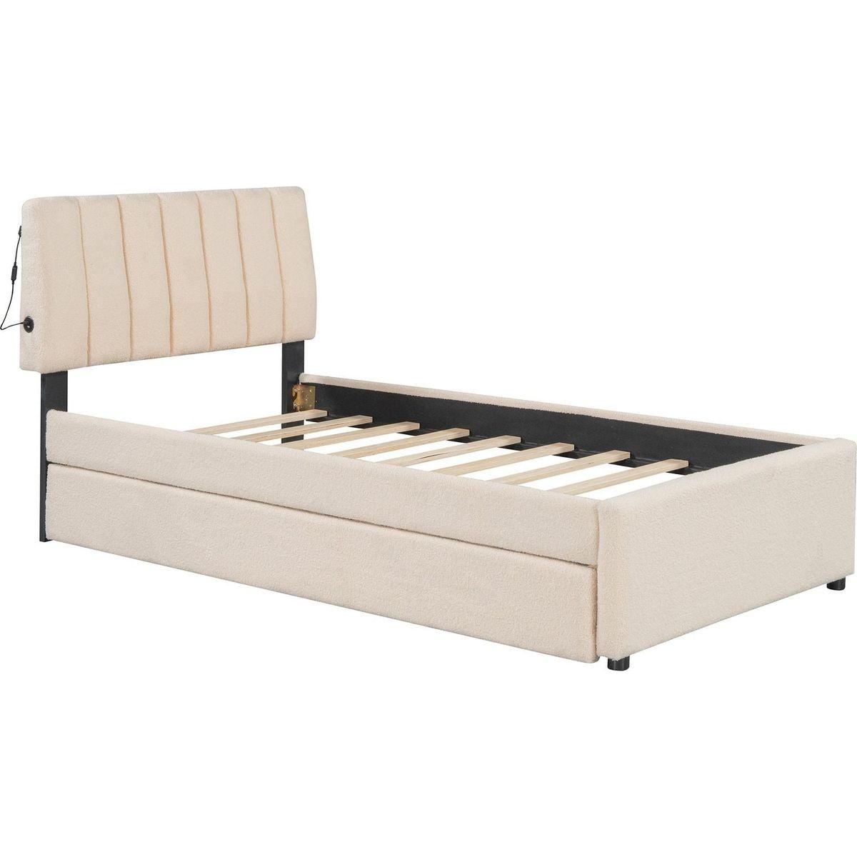 Teddy Fleece Twin Size Upholstered Platform Bed with Trundle, Beige
