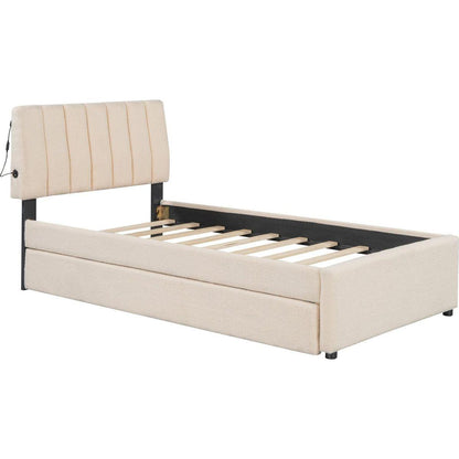Teddy Fleece Twin Size Upholstered Platform Bed with Trundle, Beige