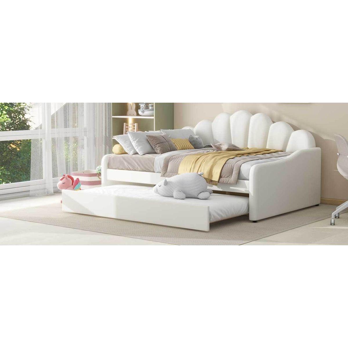 Full Size Upholstery Daybed Frame with Shall Shaped Backrest and Trundle,Beige