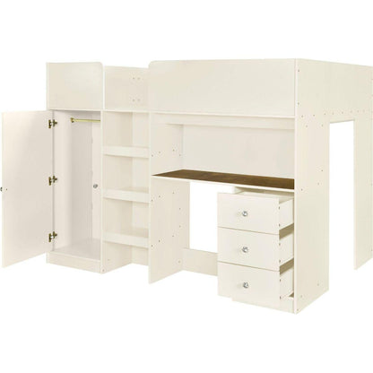 Wood Full Size Loft Bed with Built-in Wardrobe, Desk, Storage Shelves and Drawers, Beige