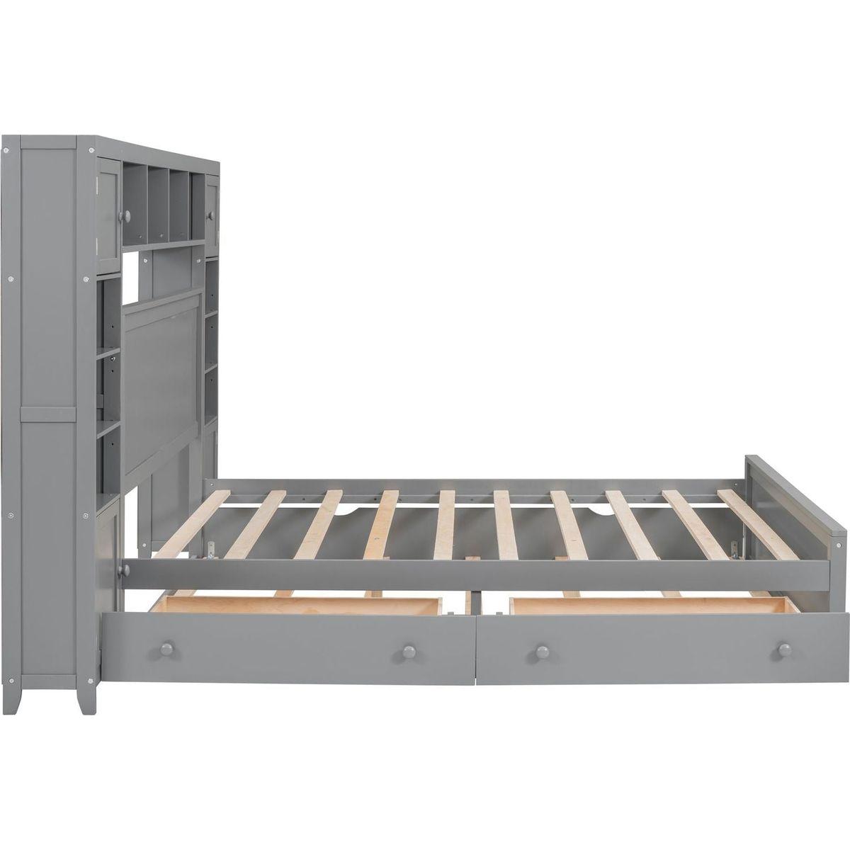 Queen Size Wooden Bed With All-in-One Cabinet, Shelf and Sockets, Gray