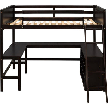 Full size Loft Bed with Shelves and Desk, Wooden Loft Bed with Desk - Espresso