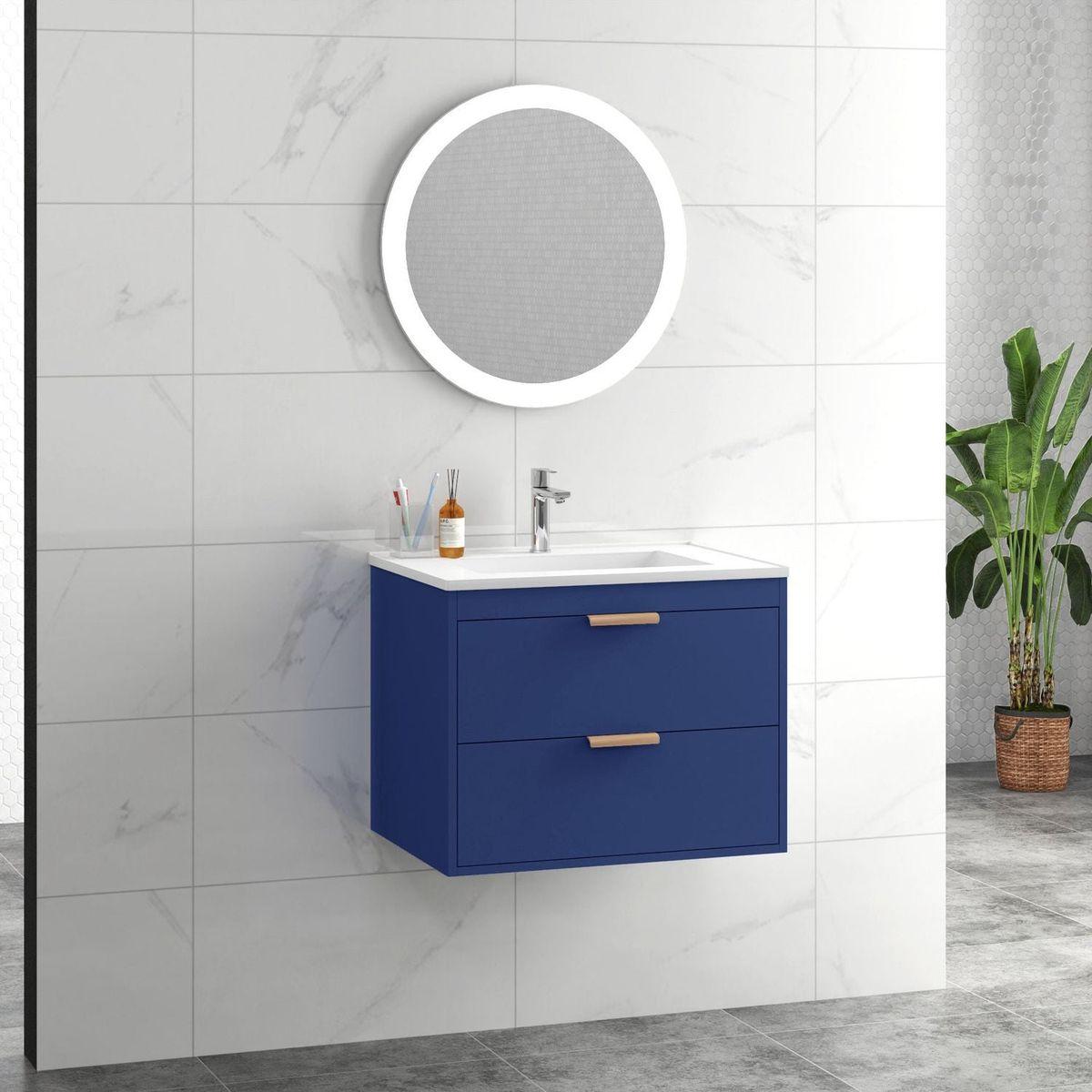 24" floating wall mounted bathroom vanity with white ceramic sink and drawer storage