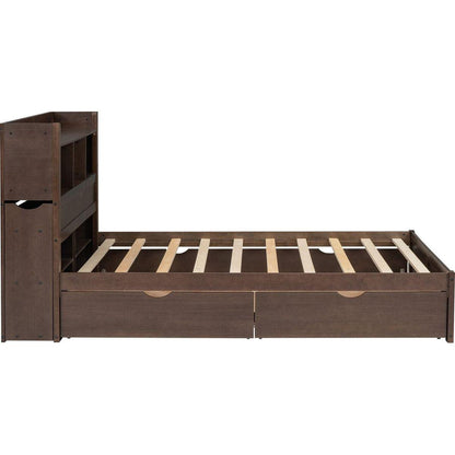 Full Size Storage Platform Bed with Pull Out Shelves, Twin Size Trundle and 2 Drawers, Espresso