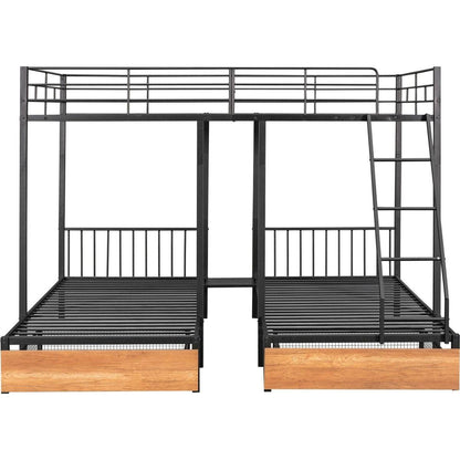 Full Over Twin & Twin Bunk Bed, Metal Triple Bunk Bed with Drawers and Guardrails, Black