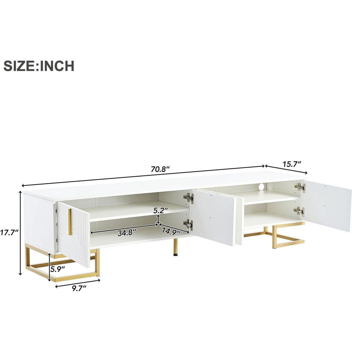 Modern TV Stand with Metal Legs and Gold Handles for TVs Up to 80", Media Console Table with Cabinets and Adjustable Shelves, Luxury TV Cabinet with Geometric Lines for Living Room, White
