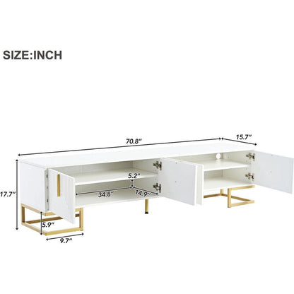 Modern TV Stand with Metal Legs and Gold Handles for TVs Up to 80", Media Console Table with Cabinets and Adjustable Shelves, Luxury TV Cabinet with Geometric Lines for Living Room, White
