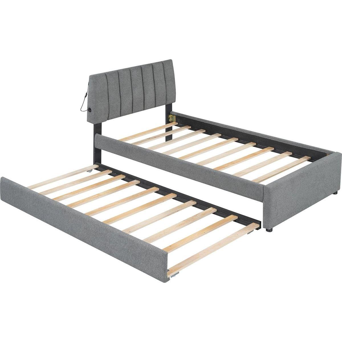 Teddy Fleece Twin Size Upholstered Platform Bed with Trundle, Gray