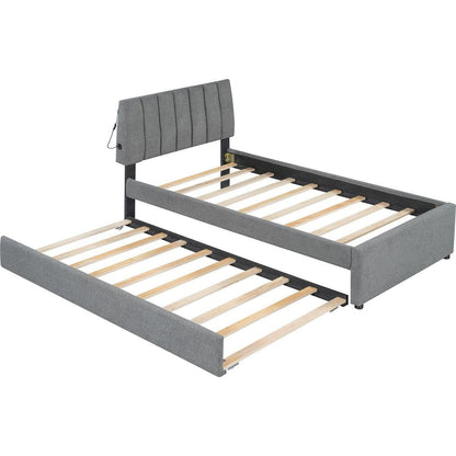 Teddy Fleece Twin Size Upholstered Platform Bed with Trundle, Gray