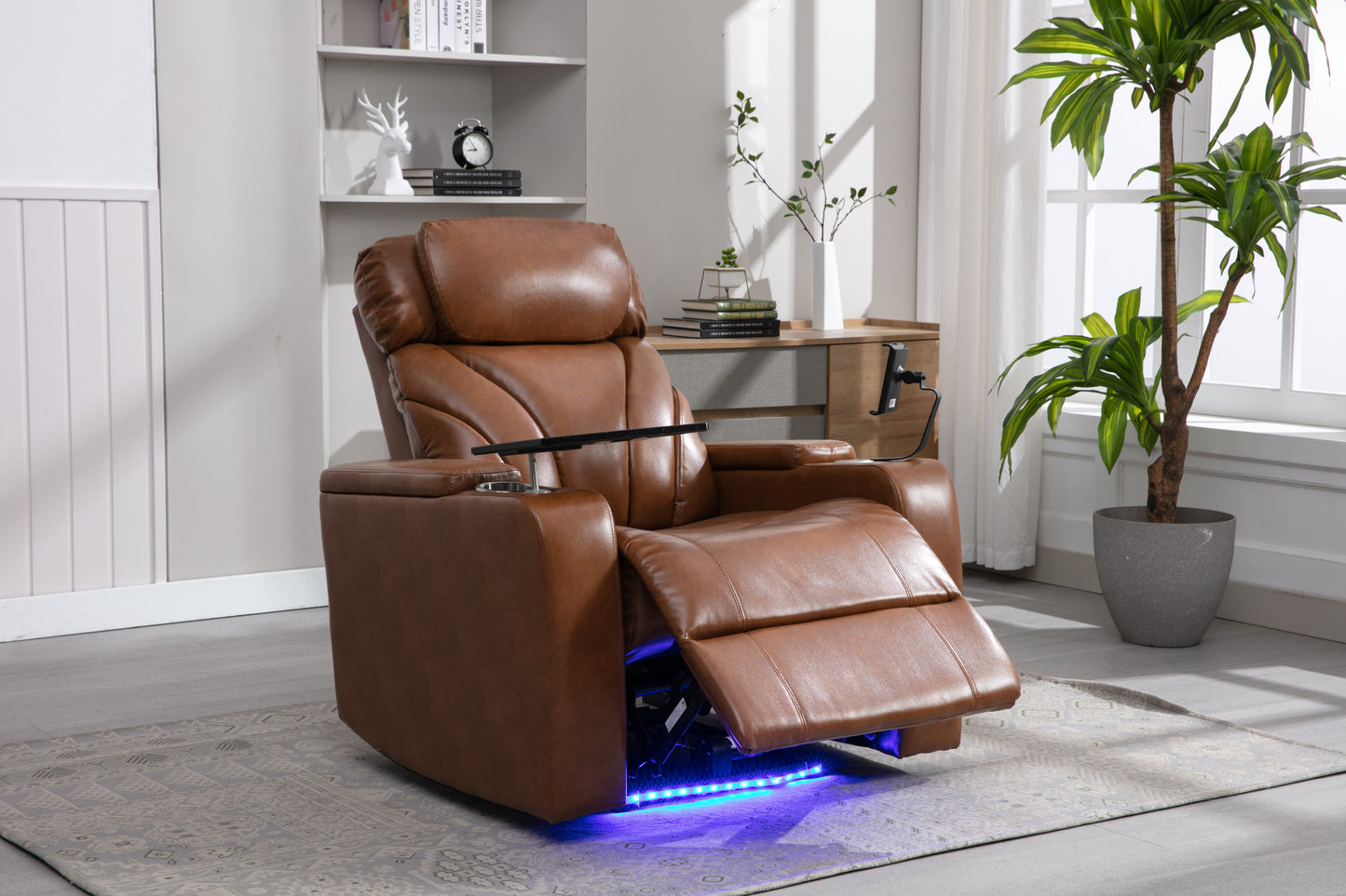 Power Motion Recliner with USB Charging Port and Hidden Arm Storage, Home Theater Seating with Convenient Cup Holder Design, and stereo(Light Brown)