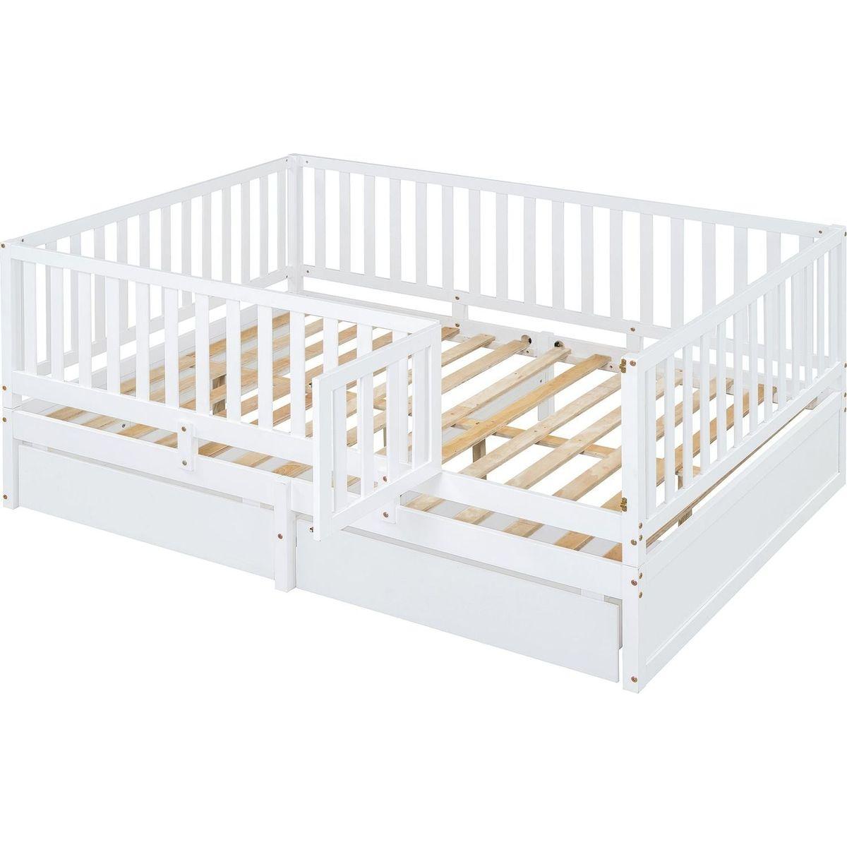 Full Size Wood Daybed with Fence Guardrails and 2 Drawers, Split into Independent Floor Bed & Daybed, White