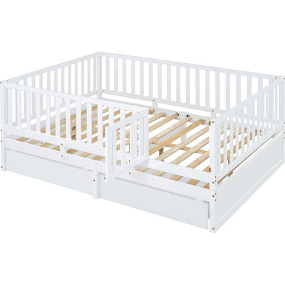 Full Size Wood Daybed with Fence Guardrails and 2 Drawers, Split into Independent Floor Bed & Daybed, White