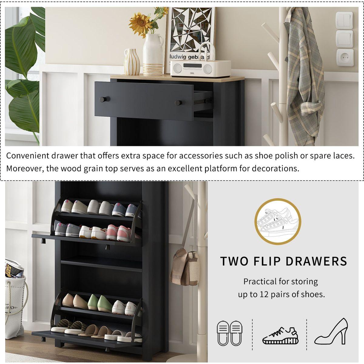 Functional Entryway Organizer with 2 Flip Drawers, Wood Grain Pattern Top Shoe Cabinet with Drawer, Free Standing Shoe Rack with Adjustable Panel for Hallway, Black