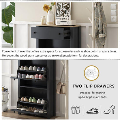 Functional Entryway Organizer with 2 Flip Drawers, Wood Grain Pattern Top Shoe Cabinet with Drawer, Free Standing Shoe Rack with Adjustable Panel for Hallway, Black