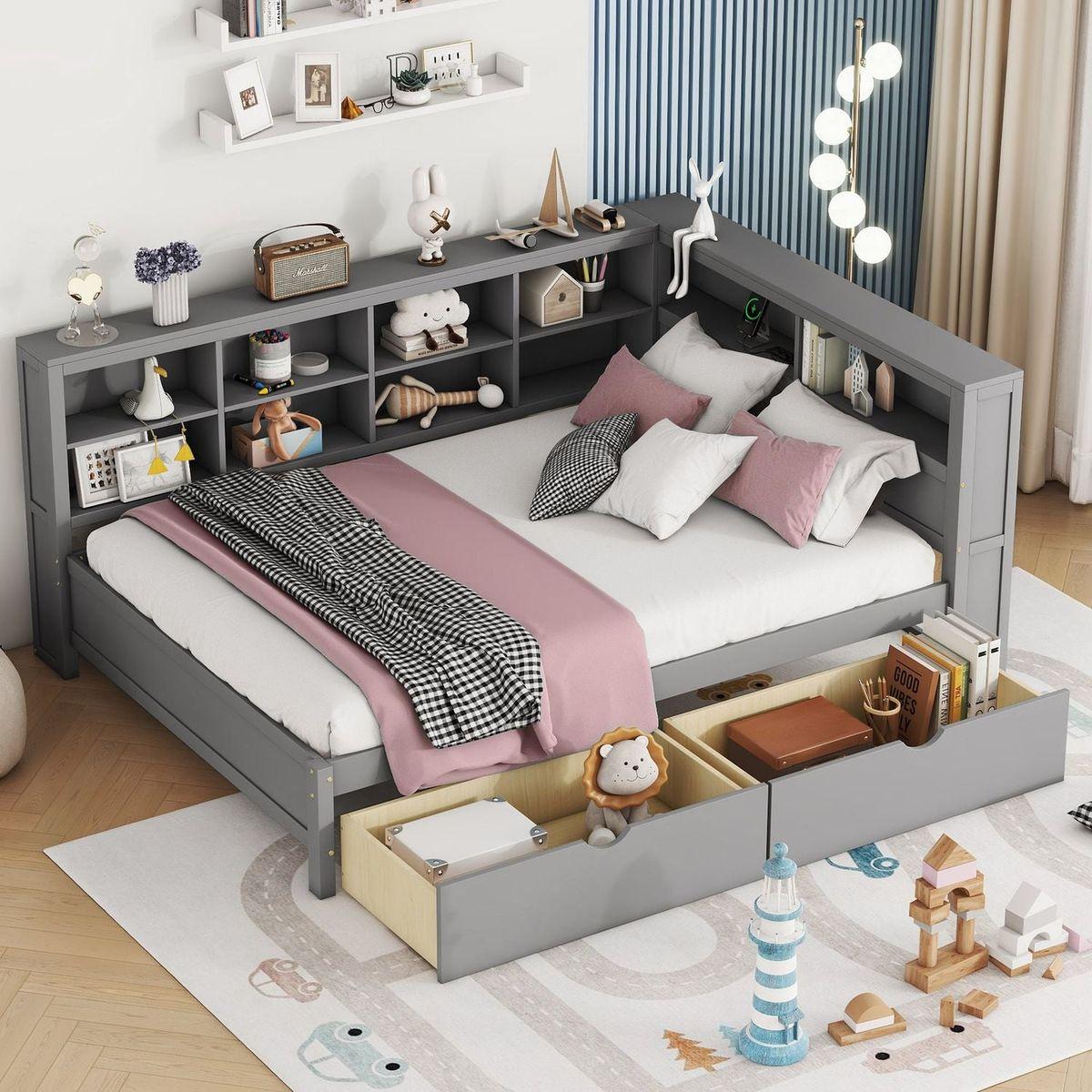Wooden Full Size DayBed with 2 Drawers, DayBed with Storage Shelf and USB Charging Ports,Grey - Streamdale Furniture