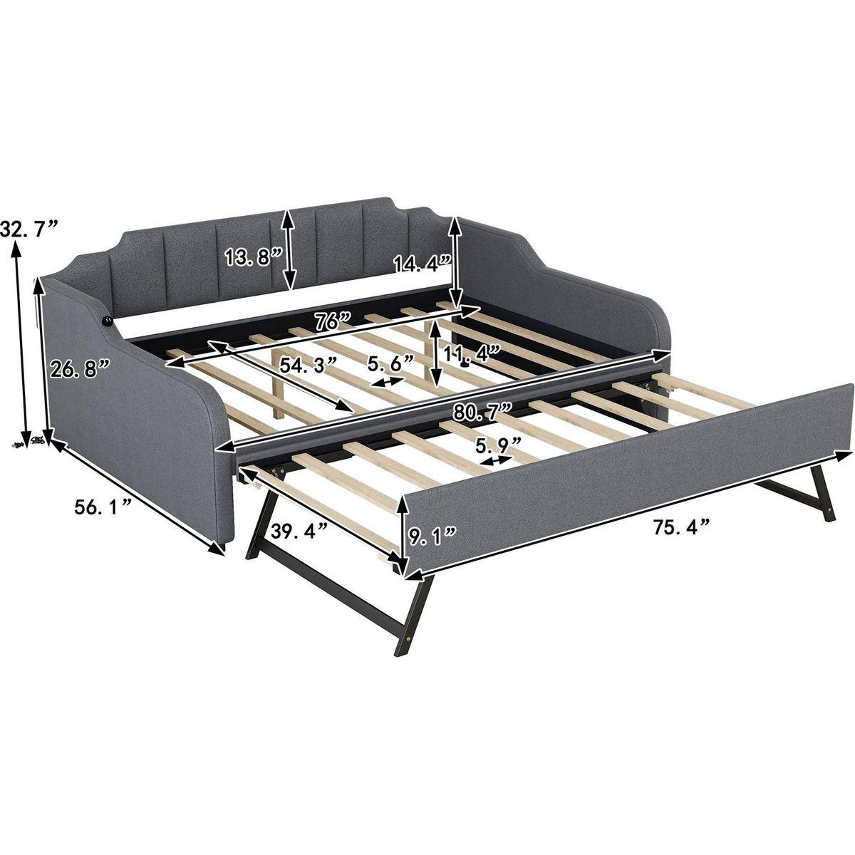 Full Size Upholstery Daybed with Trundle and USB Charging Design,Trundle can be flat or erected,Gray