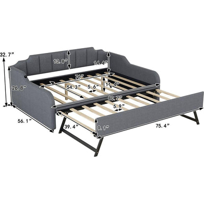 Full Size Upholstery Daybed with Trundle and USB Charging Design,Trundle can be flat or erected,Gray