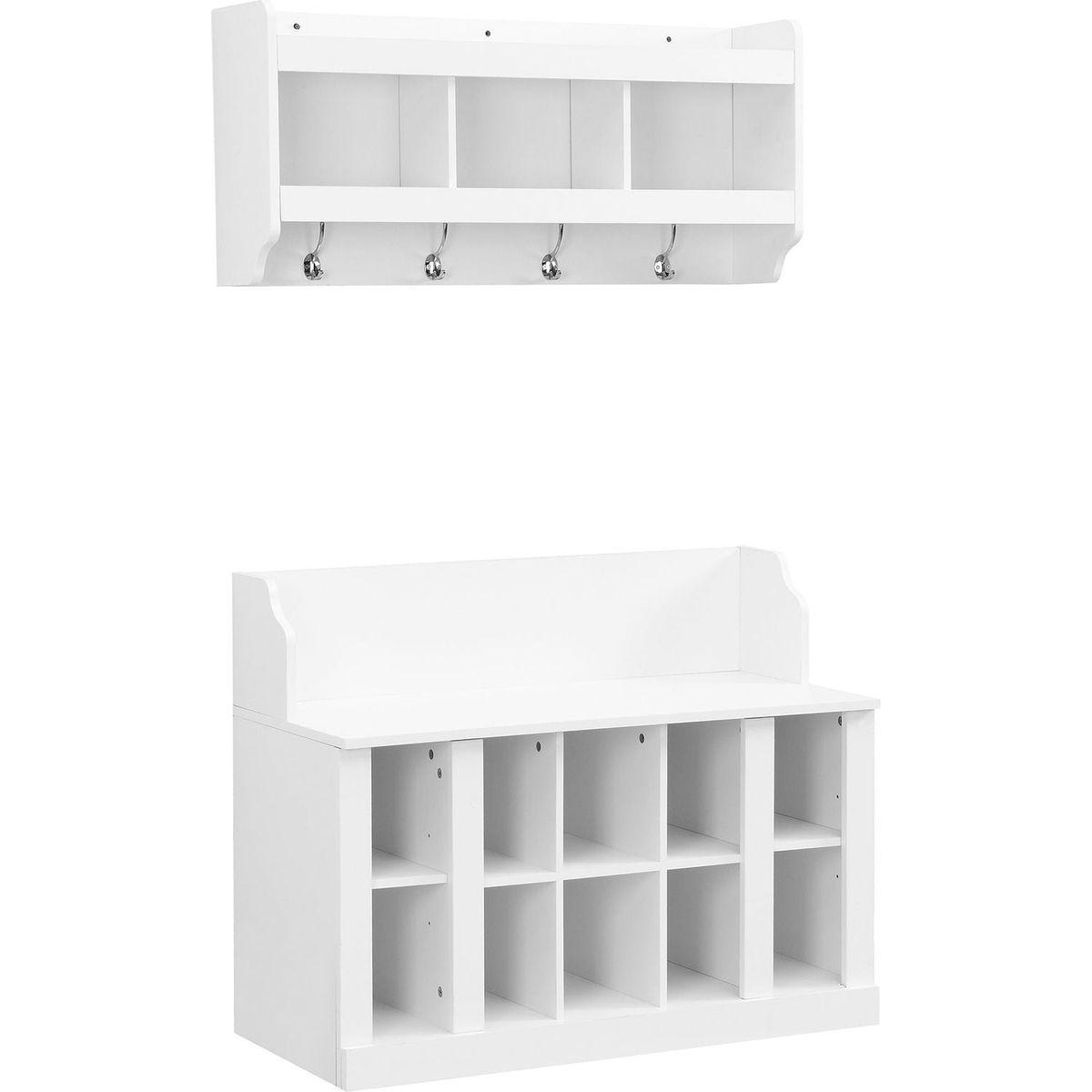 Shoe Storage Bench with Shelves and 4 Hooks, Elegant Hall Tree with Wall Mounted Coat Rack, Entryway Organizer For Hallway, Foyer, Mudroom, White