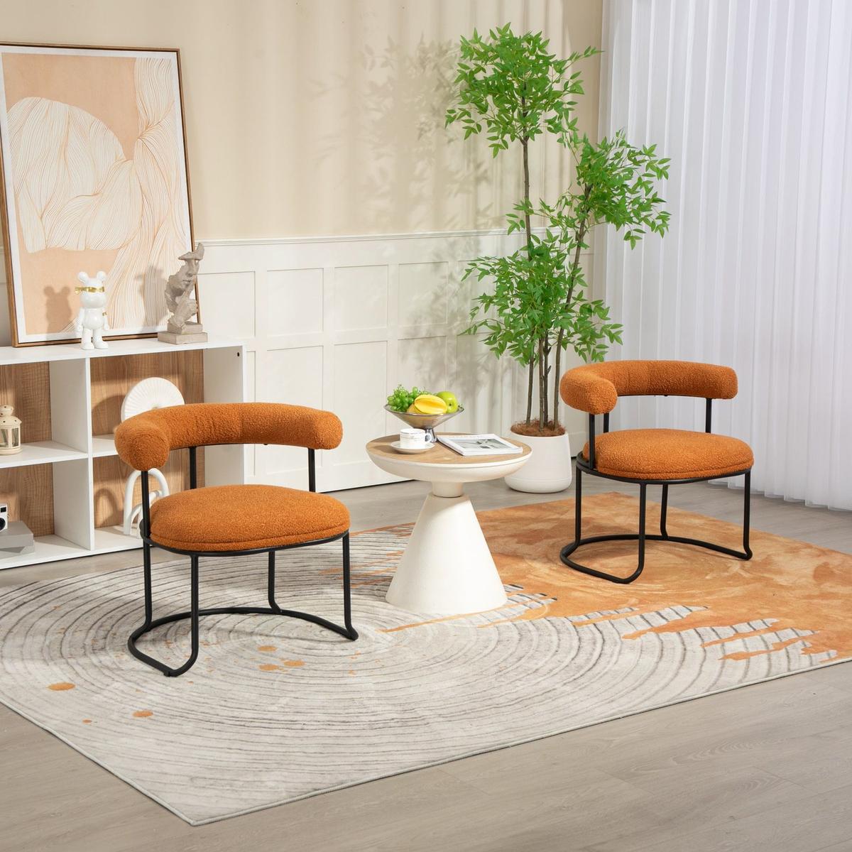 Boucle Dining Chairs Set of 2, Mid-Century Modern Curved Backrest Chair, Round Upholstered Kitchen Chairs (Orange Boucle)