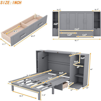 Full Size Murphy Bed with Shelves, Drawers and USB Ports,Gray