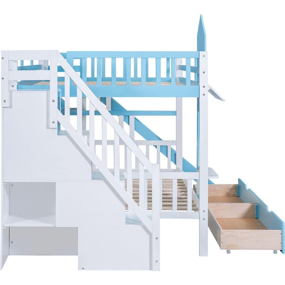 Full-Over-Full Castle Style Bunk Bed with 2 Drawers 3 Shelves and Slide - Blue