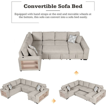 109" U-shaped Sectional Sofa Pull-out Sofa Bed with Two USB Ports, a Storage Chaise Lounge and Four Back Pillows for Living Room, Beige