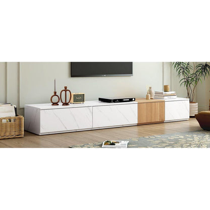 TV Stand with Faux Marble and Walnut Wood Grain Finish for TVs up to 88", Modern Free-Combination Entertainment Center with 4 Storage Drawers for Living Room, White