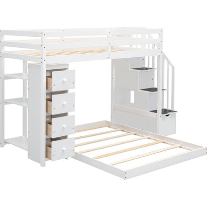 Twin Over Full Bunk Bed with 3-layer Shelves, Drawers and Storage Stairs, White