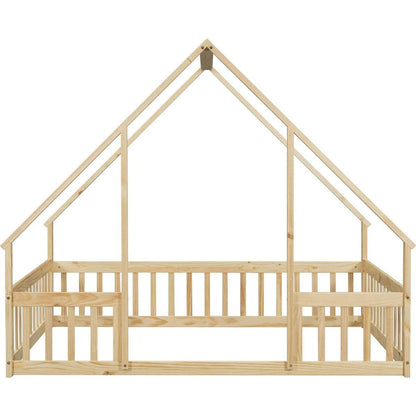 Full Wood House-Shaped Floor Bed with Fence, Guardrails,Natural