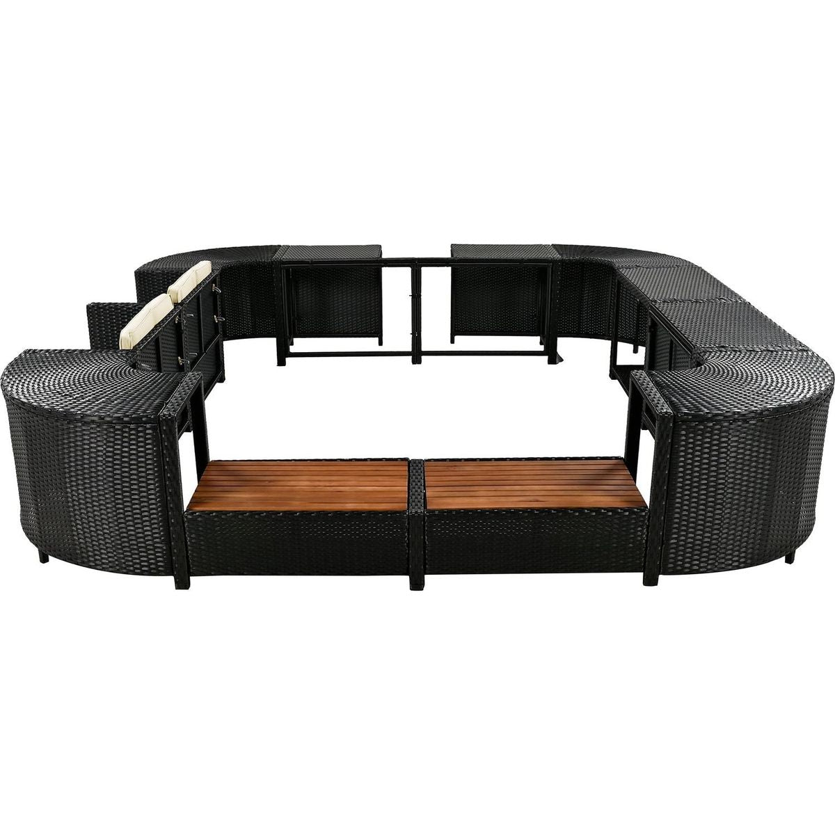 Spa Surround Spa Frame Quadrilateral Outdoor Rattan Sectional Sofa Set with Mini Sofa,Wooden Seats and Storage Spaces, Beige
