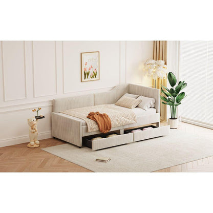 Twin Size L-Shaped Corduroy Daybed,Upholstered Bed Frame with 2 Storage Drawers, Beige