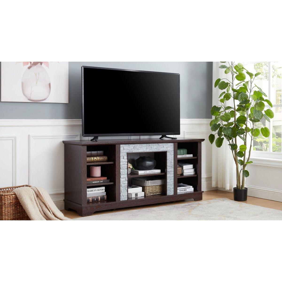 TV Media Stand with with Faux Stacked Stone Surround, Modern Entertainment Console with Open Storage Space, Cherry, 58.31"Wx15.39"Dx26.06"H
