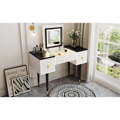 43.3" Modern Vanity Table Set with Flip-top Mirror and LED Light, Dressing Table with Customizable Storage, White and Black