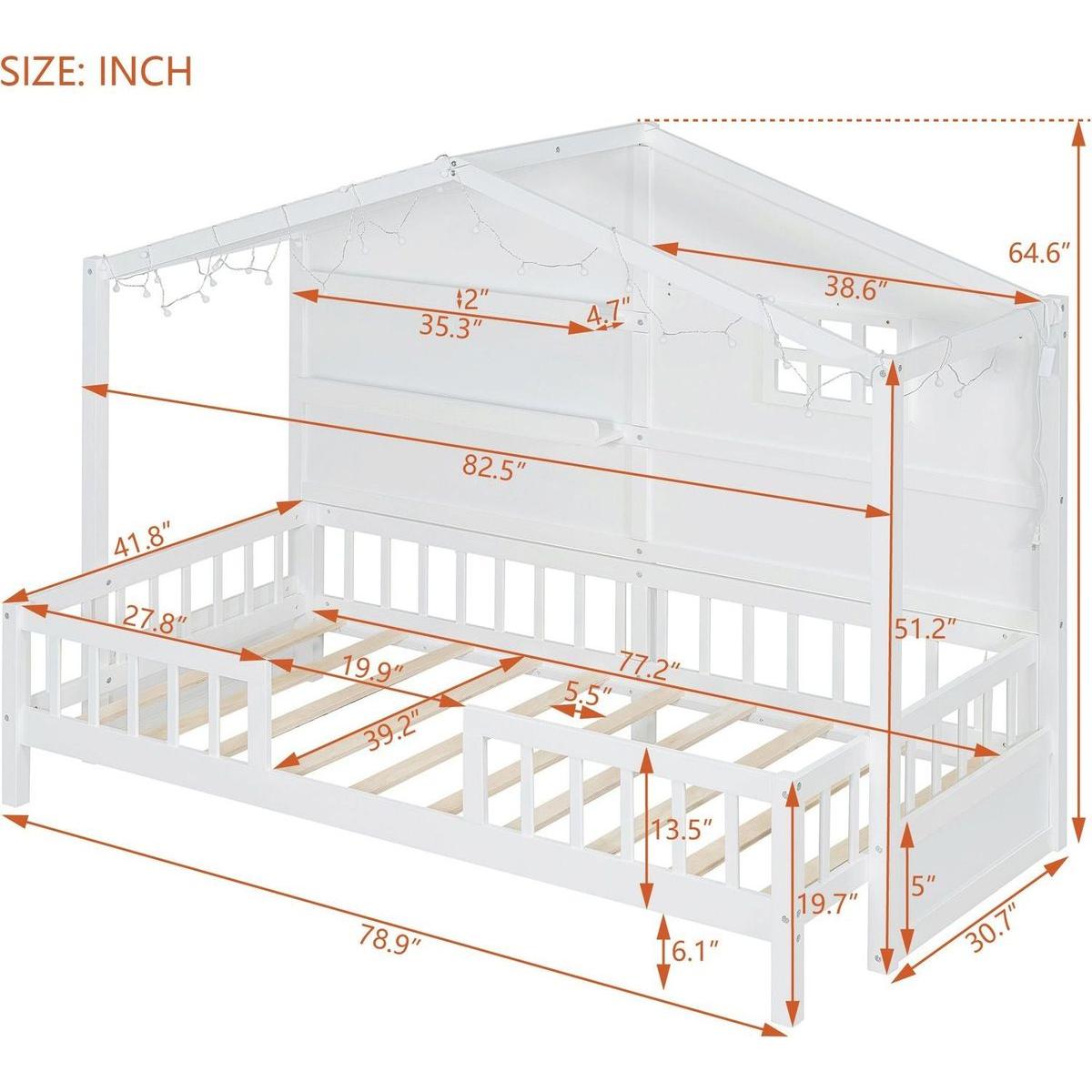 Twin Size House Bed with Shelves, House Bed with Window and Sparkling Light Strip on the Roof, White