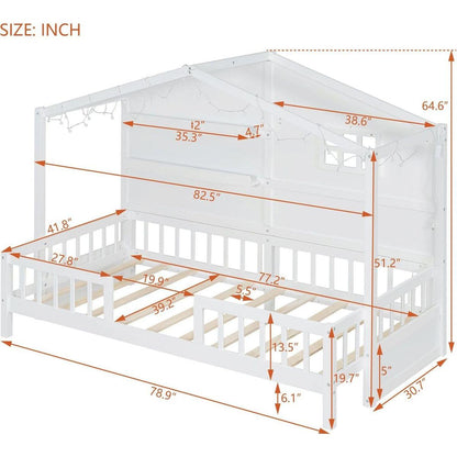 Twin Size House Bed with Shelves, House Bed with Window and Sparkling Light Strip on the Roof, White