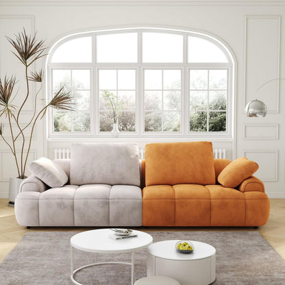 86.6"Large size two Seat Sofa,Modern Upholstered,Gray paired with yellow suede fabric Increase in sitting height