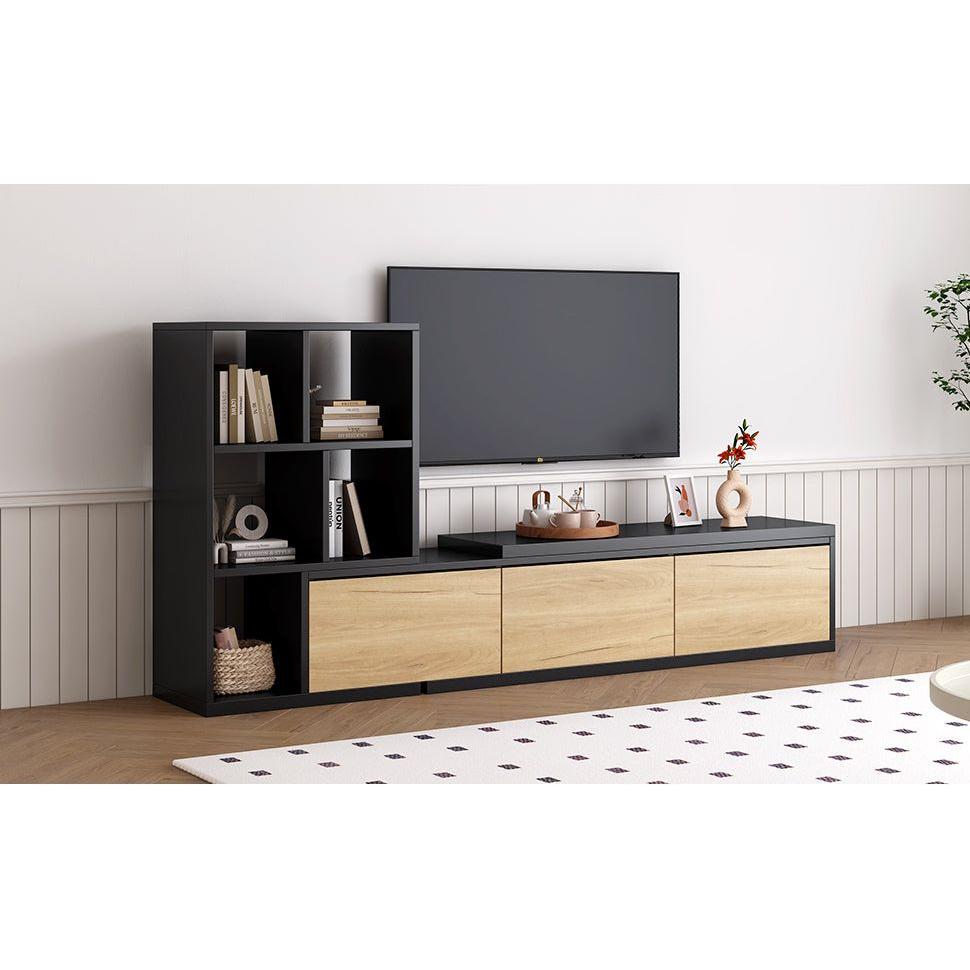 74.8"-126" Extendable TV Stand with 3 Tier Bookshelves for TVs up to 110", Adjustable Entertainment Center with Storage Cabinets, Sliding Tabletop Media Console for Living Room, Black