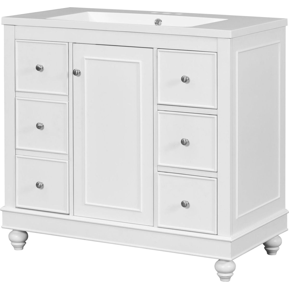 Contemporary White Bathroom Vanity Cabinet - 36x18x34 inches, 4 Drawers & 1 Cabinet Door, Multipurpose Storage, Resin Integrated Sink, Adjustable Shelves, Solid Wood Frame with MDF