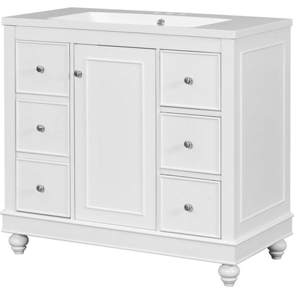 Contemporary White Bathroom Vanity Cabinet - 36x18x34 inches, 4 Drawers & 1 Cabinet Door, Multipurpose Storage, Resin Integrated Sink, Adjustable Shelves, Solid Wood Frame with MDF