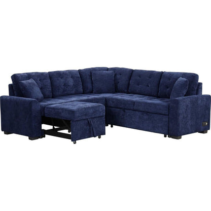 82.6" L-shape Sofa Bed Pull-out Sleeper Sofa with Wheels, USB Ports, Power Sockets for Living Room, Navy Blue