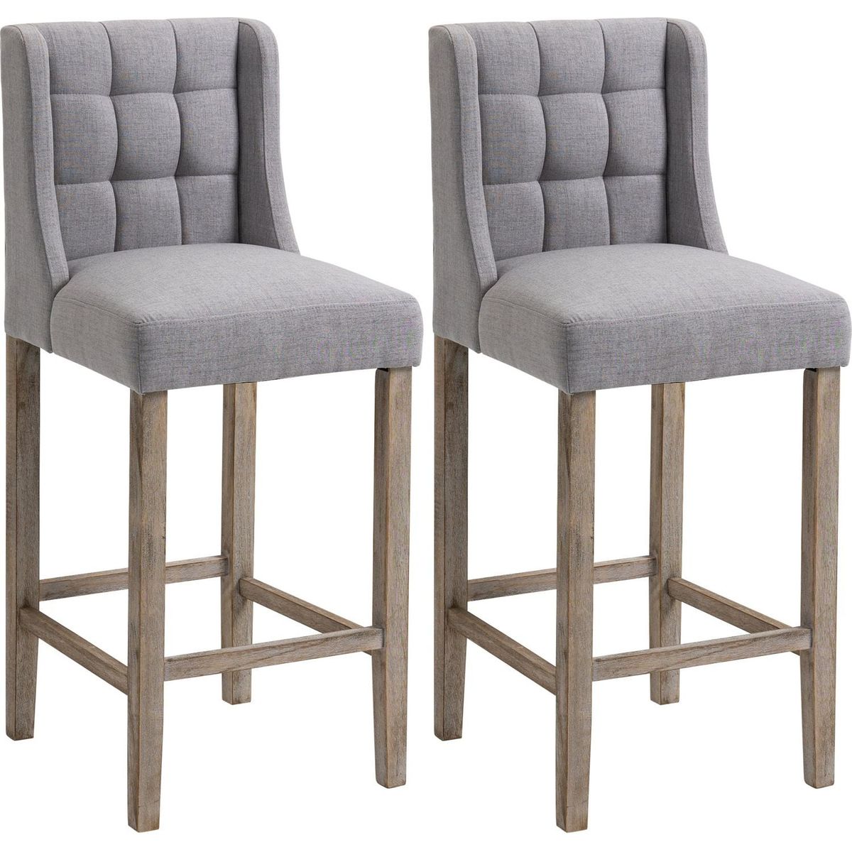 Modern Bar Stools, Tufted Upholstered Barstools, Pub Chairs with Back, Rubber Wood Legs for Kitchen, Dining Room, Set of 2, Grey